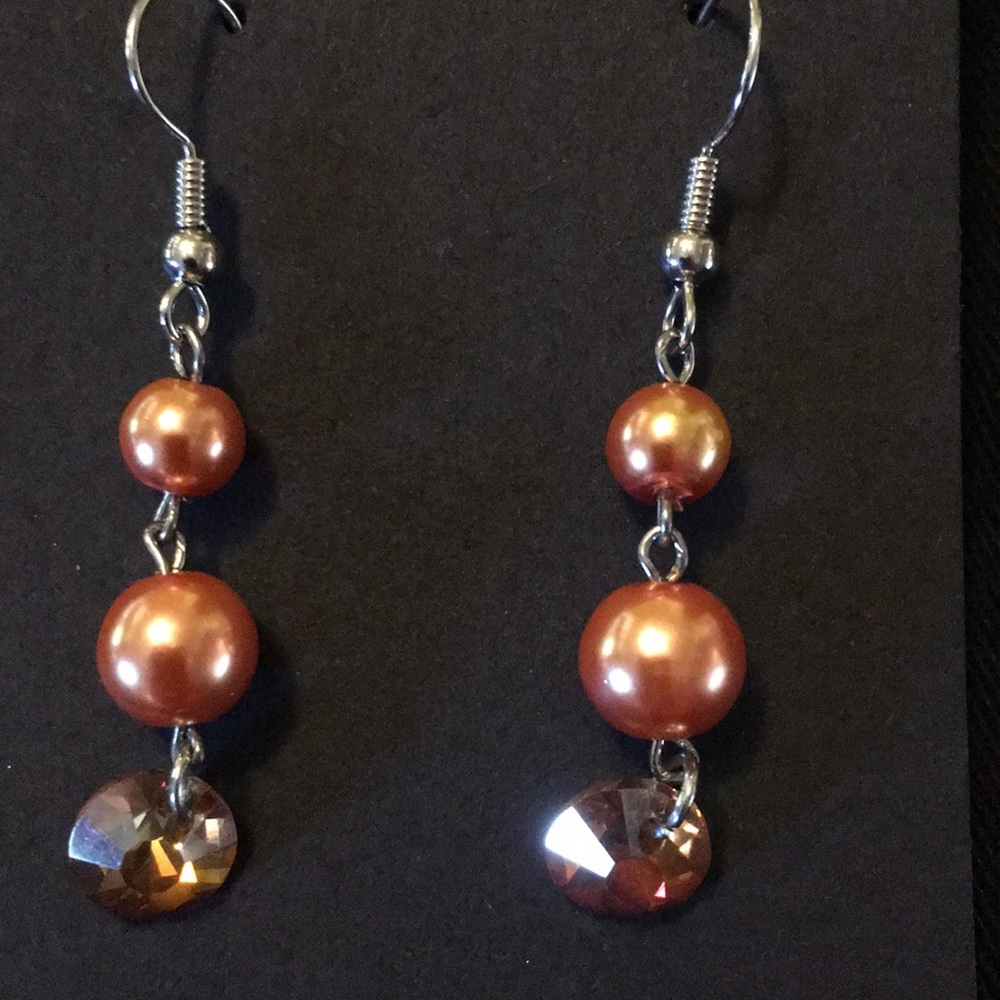 Orange pearl silver tone hook earrings